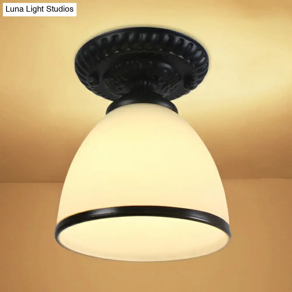 Traditional Black Bell Semi Flush Ceiling Light Fixture With Frosted Glass - 1-Light
