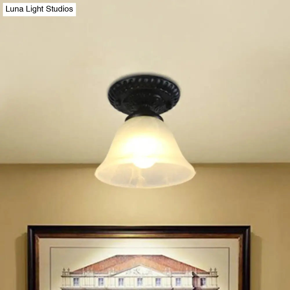 Traditional Black Bell Semi Flush Ceiling Light Fixture With Frosted Glass - 1-Light / D