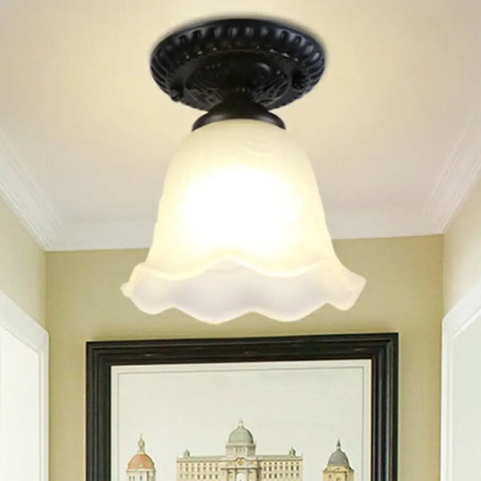 Traditional Black Bell Semi Flush Ceiling Light Fixture With Frosted Glass - 1 - Light / A