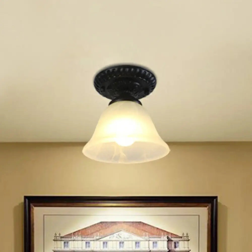 Traditional Black Bell Semi Flush Ceiling Light Fixture With Frosted Glass - 1 - Light / D