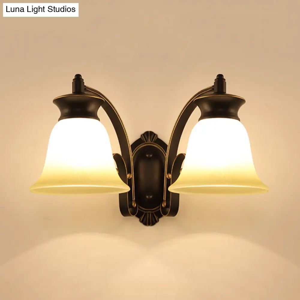 Traditional Black Bell Wall Sconce With Opal Glass For Bedroom Lighting