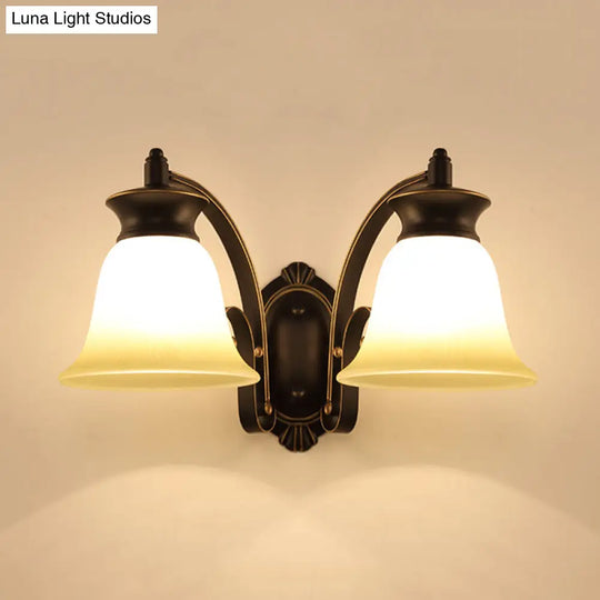 Traditional Black Bell Wall Sconce With Opal Glass For Bedroom Lighting