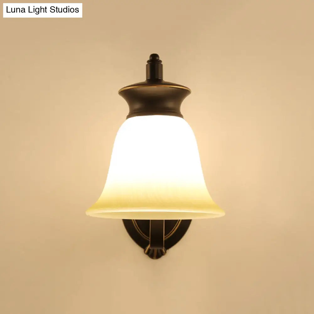 Traditional Black Bell Wall Sconce With Opal Glass For Bedroom Lighting