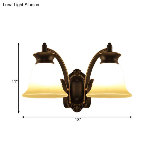 Traditional Black Bell Wall Sconce With Opal Glass For Bedroom Lighting