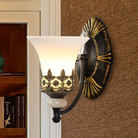 Traditional Black Bell Wall Sconce With White Glass Shade - Bedroom Mounted Light 1 /