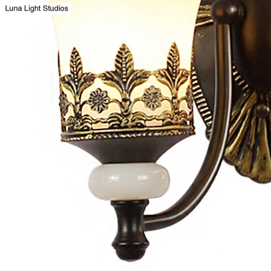 Traditional Black Bell Wall Sconce With White Glass Shade - Bedroom Mounted Light