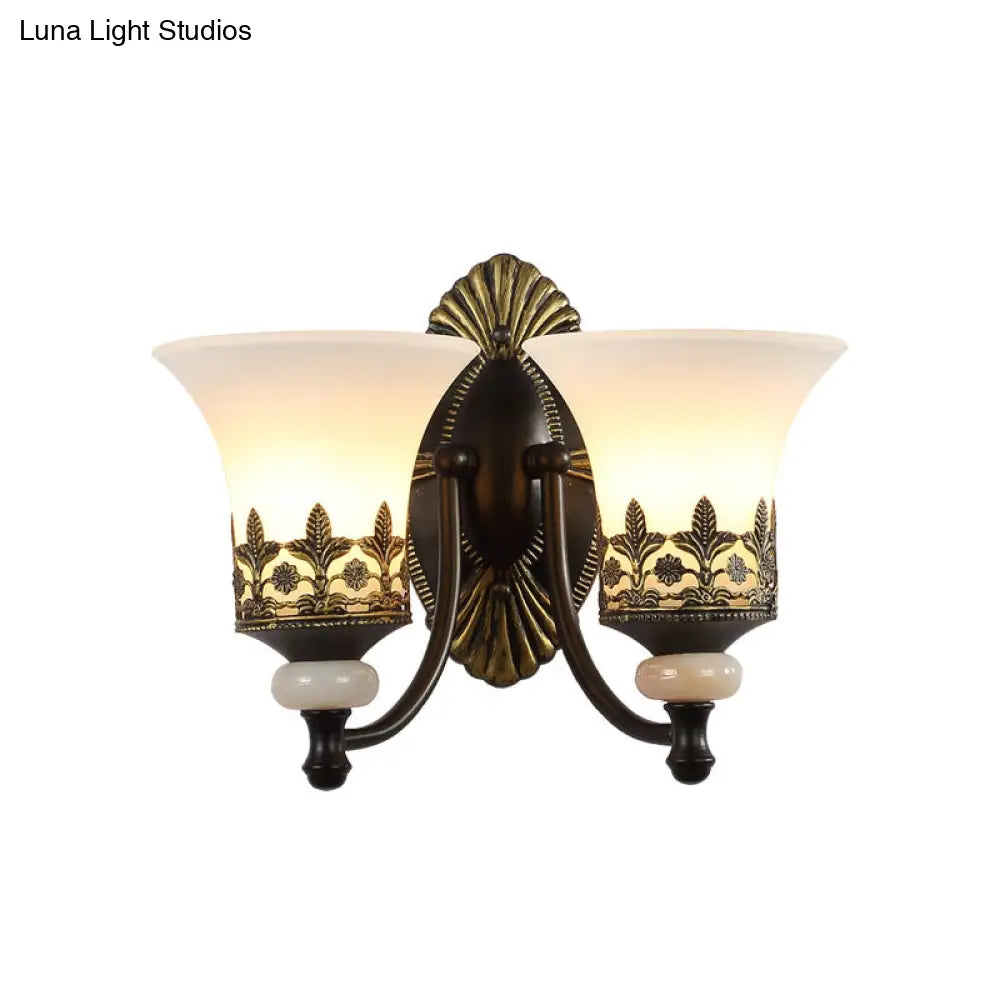 Traditional Black Bell Wall Sconce With White Glass Shade - Bedroom Mounted Light