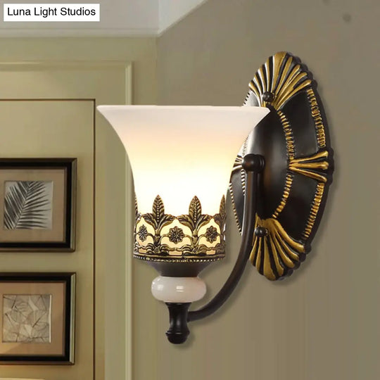 Traditional Black Bell Wall Sconce With White Glass Shade - Bedroom Mounted Light