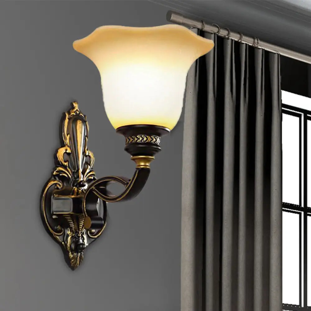 Traditional Black Blossom Wall Sconce With White Glass Shade Elegant Bedroom Light 1 /