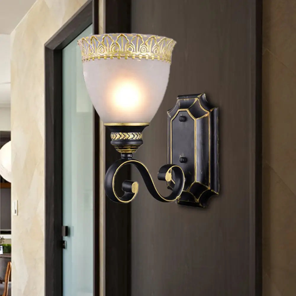 Traditional Black Bowl Wall Sconce With White Glass Shade - 1-Light Bedroom Light Fixture