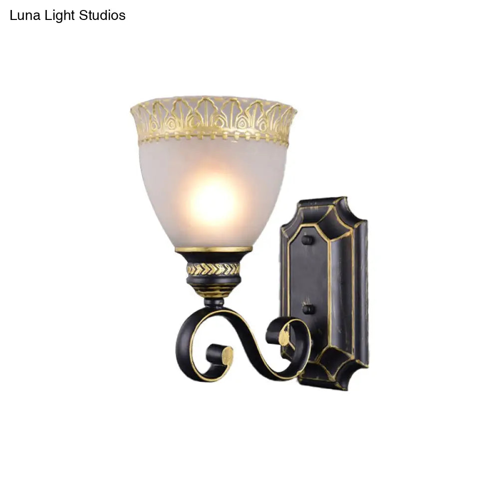 Traditional Black Bowl Wall Sconce With White Glass Shade - 1-Light Bedroom Light Fixture