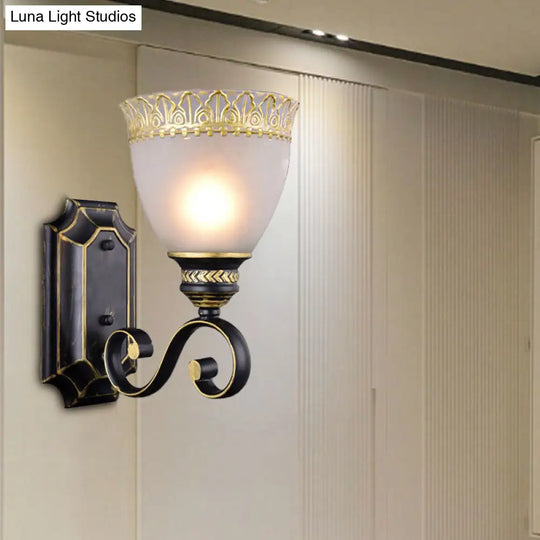 Traditional Black Bowl Wall Sconce With White Glass Shade - 1-Light Bedroom Light Fixture