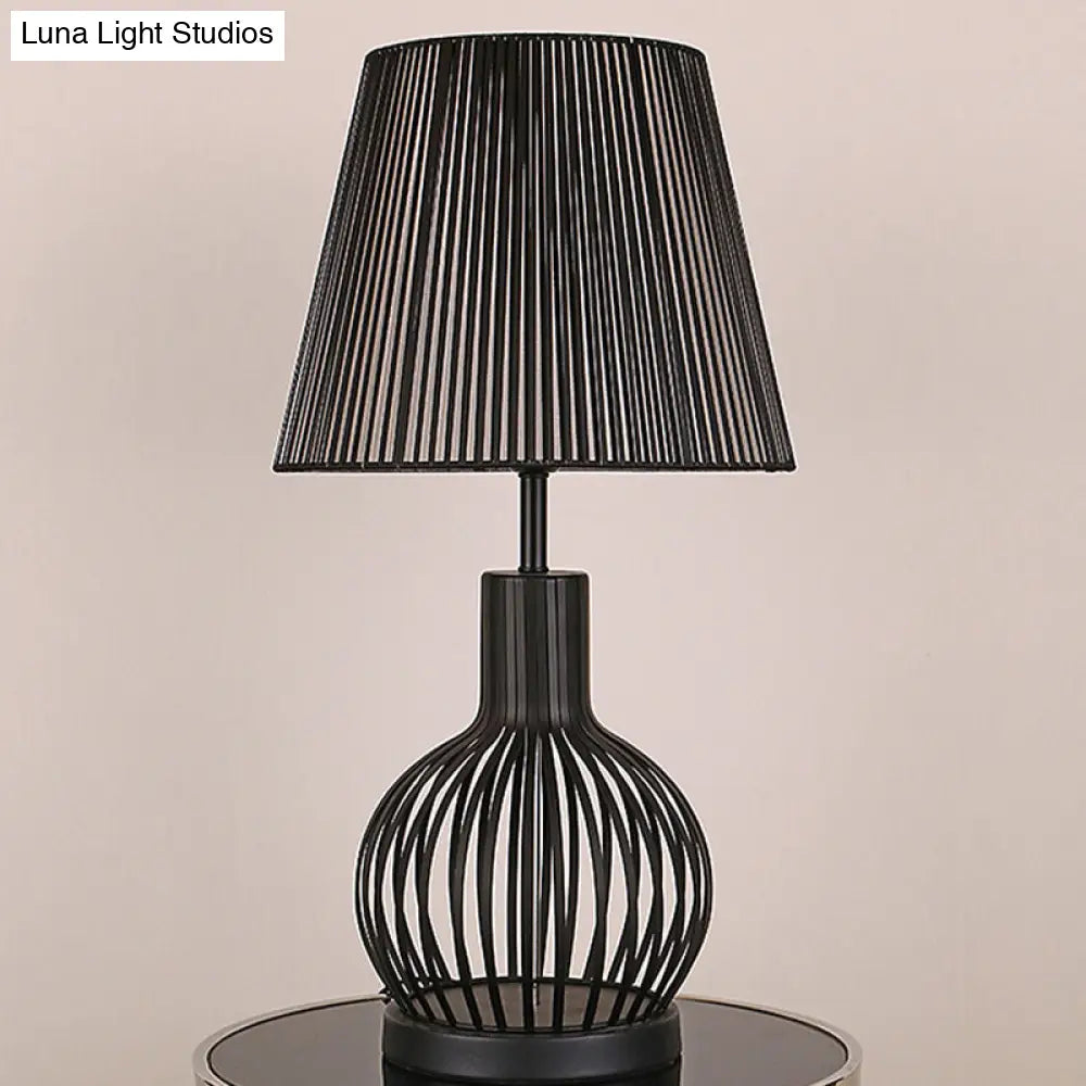 Traditional Black Bucket Table Lamp For Bedroom Nightstand - Single Head Fabric Shade With Wire Cage