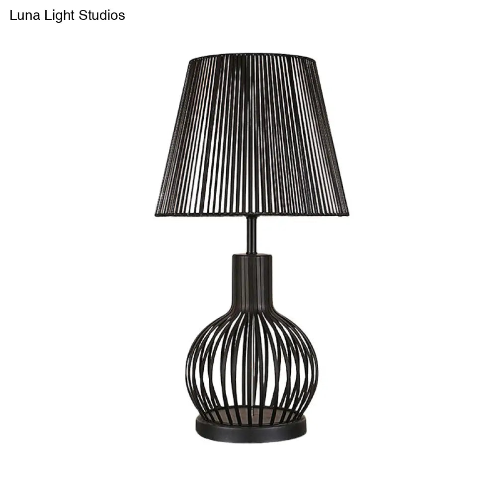 Traditional Black Bucket Table Lamp For Bedroom Nightstand - Single Head Fabric Shade With Wire Cage