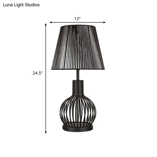 Traditional Black Bucket Table Lamp For Bedroom Nightstand - Single Head Fabric Shade With Wire Cage