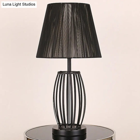 Traditional Black Bucket Table Lamp For Bedroom Nightstand - Single Head Fabric Shade With Wire Cage