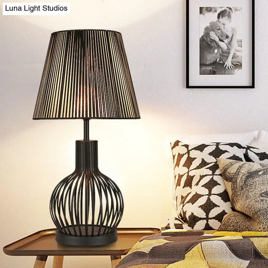 Traditional Black Bucket Table Lamp For Bedroom Nightstand - Single Head Fabric Shade With Wire Cage