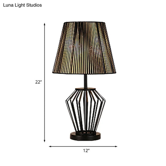 Traditional Black Bucket Table Lamp For Bedroom Nightstand - Single Head Fabric Shade With Wire Cage