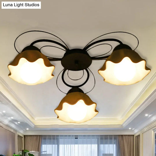 Traditional Black Ceiling Mount Light Fixture With Scalloped White Glass Ideal For Bedroom (3/5/6