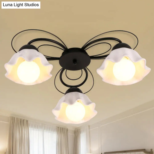 Traditional Black Ceiling Mount Light Fixture With Scalloped White Glass Ideal For Bedroom (3/5/6