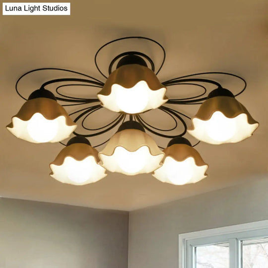 Traditional Black Ceiling Mount Light Fixture With Scalloped White Glass Ideal For Bedroom (3/5/6