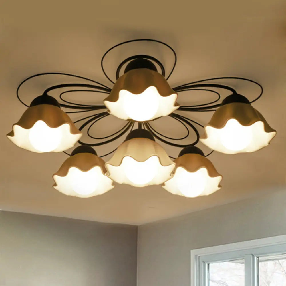 Traditional Black Ceiling Mount Light Fixture With Scalloped White Glass Ideal For Bedroom (3/5/6