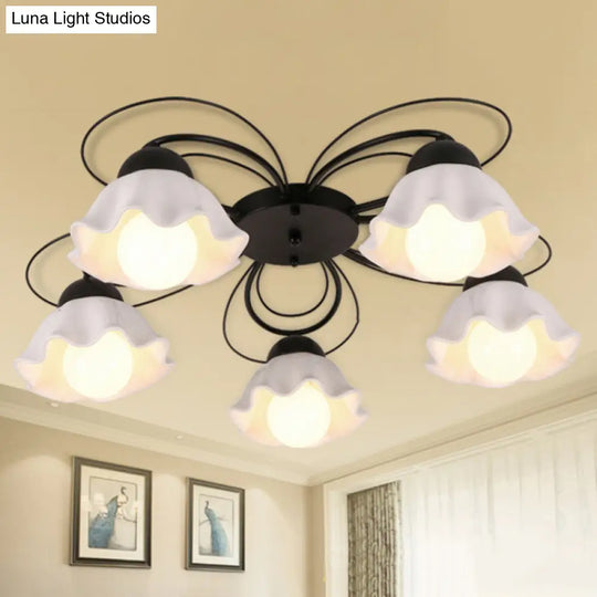 Traditional Black Ceiling Mount Light Fixture With Scalloped White Glass Ideal For Bedroom (3/5/6