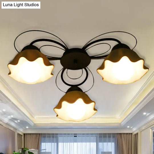 Traditional Black Ceiling Mount Light Fixture With Scalloped White Glass Ideal For Bedroom (3/5/6