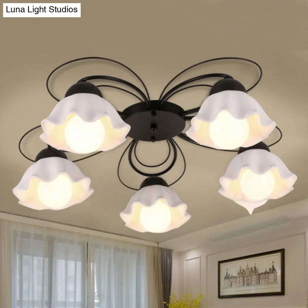 Traditional Black Ceiling Mount Light Fixture With Scalloped White Glass Ideal For Bedroom (3/5/6