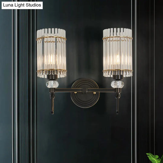 Traditional Black Clear K9 Crystal Wall Sconce Lighting Fixture - 1/2 Lights Cylinder Walllight