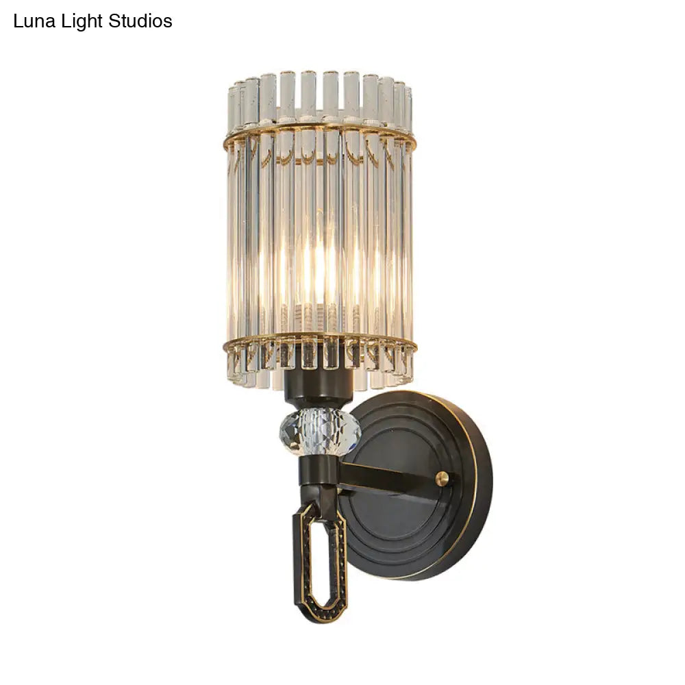 Traditional Black Clear K9 Crystal Wall Sconce Lighting Fixture - 1/2 Lights Cylinder Walllight