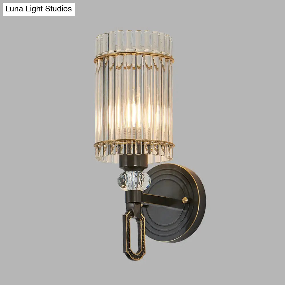 Traditional Black Clear K9 Crystal Wall Sconce Lighting Fixture - 1/2 Lights Cylinder Walllight