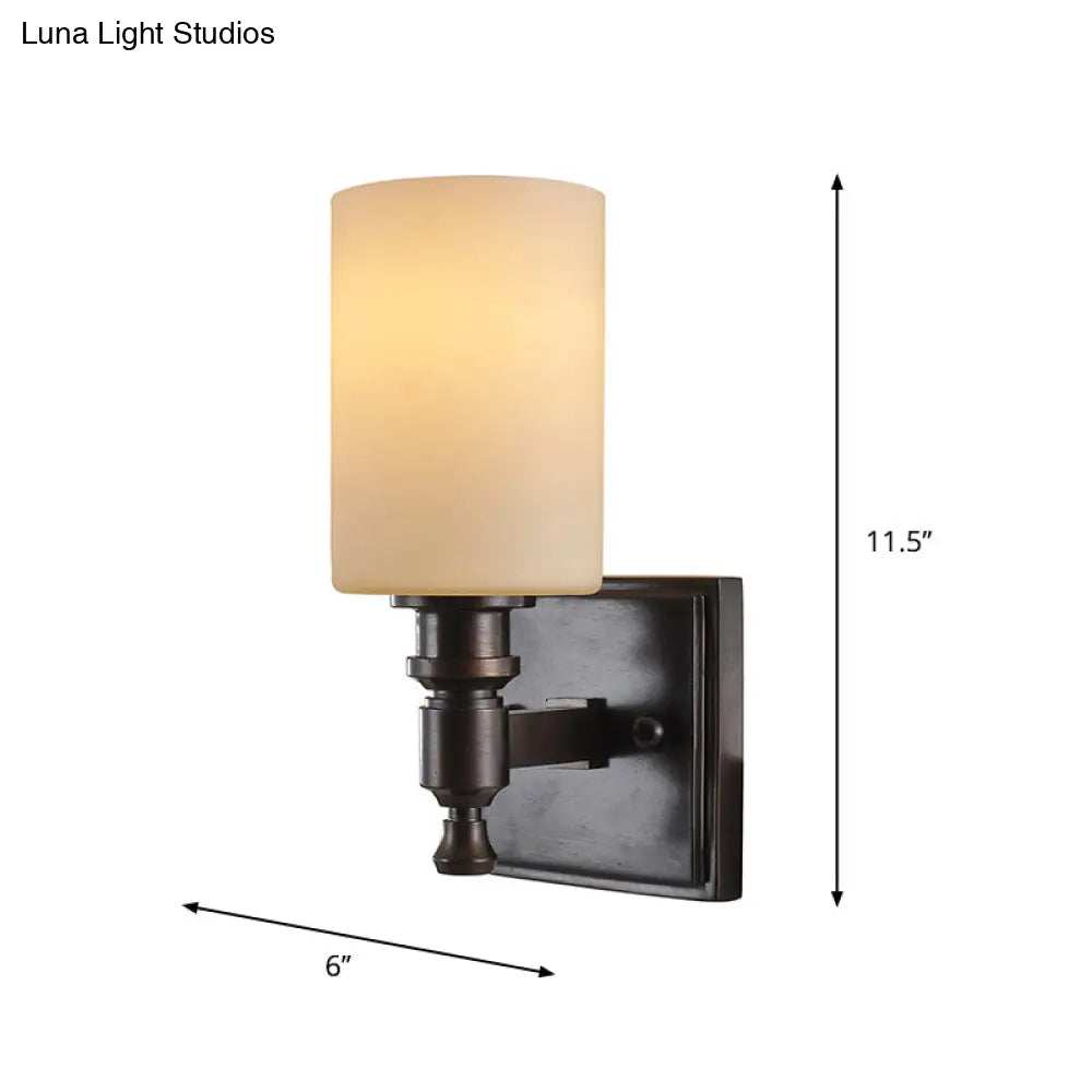 Traditional Black Column Wall Light With Frosted Glass - Single Bulb Sconce For Living Room