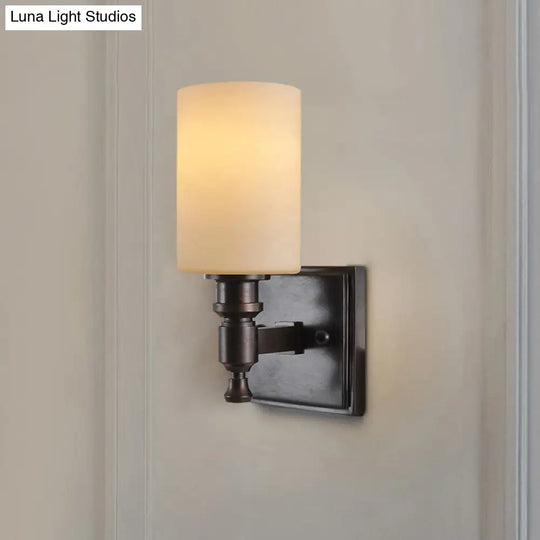 Traditional Black Column Wall Light With Frosted Glass - Single Bulb Sconce For Living Room