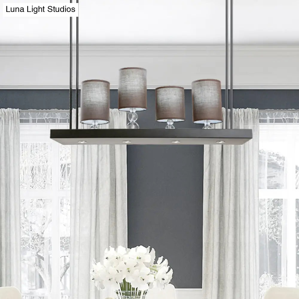 Traditional Black Cylinder Island Light Fixture: Fabric Pendant With Metal Linear Shelf - 4-Bulb