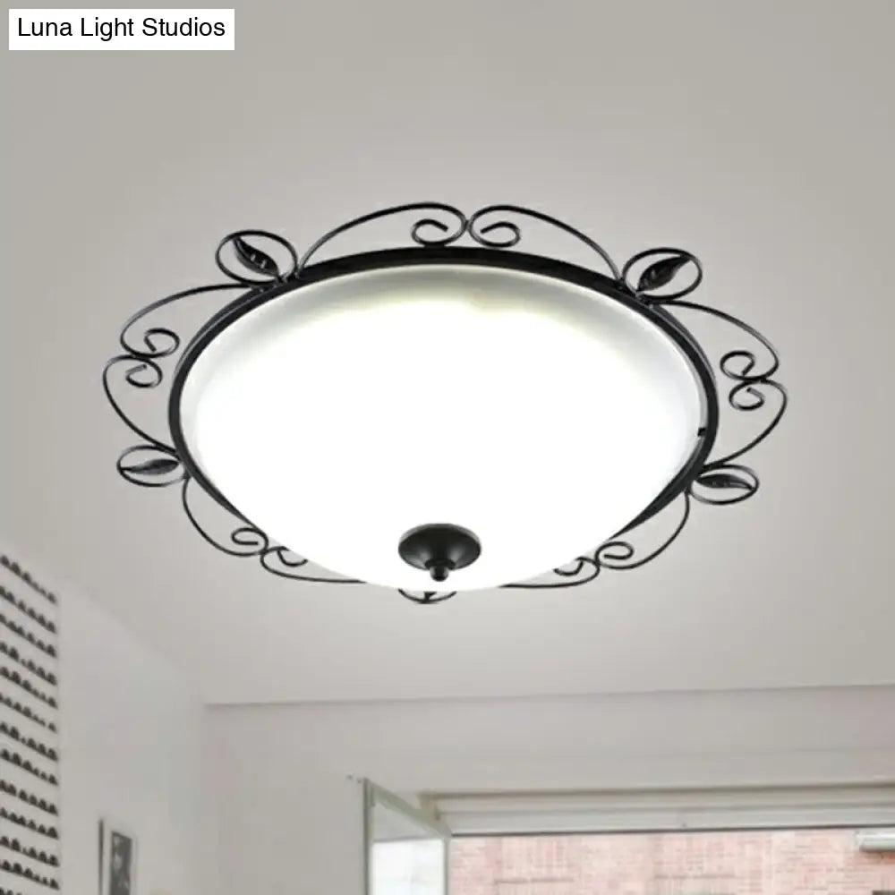 Traditional Black Dome Flush Mount Ceiling Light With 3 Opal Glass Heads And Swirled Decor