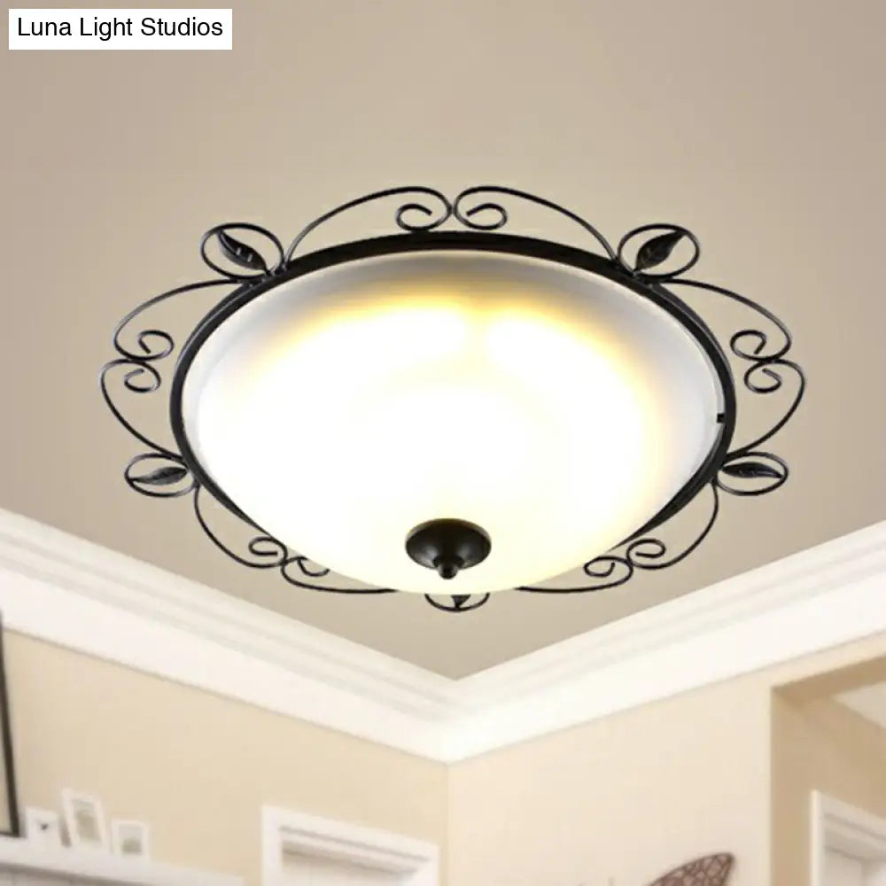 Traditional Black Dome Flush Mount Ceiling Light With 3 Opal Glass Heads And Swirled Decor / Small