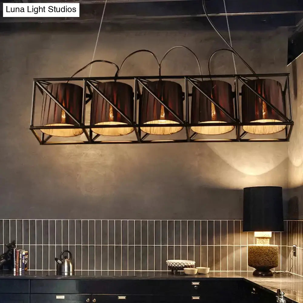 Traditional Black Fabric Suspension Pendant With 5-Light Barrels - Perfect For Restaurants