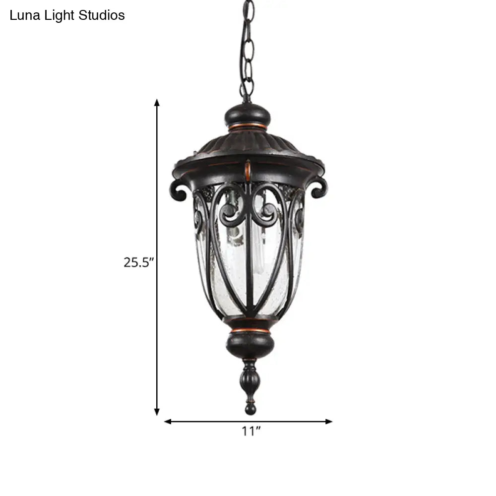 Traditional Black Finish Pendant Lamp With Clear Seeded Glass Shade