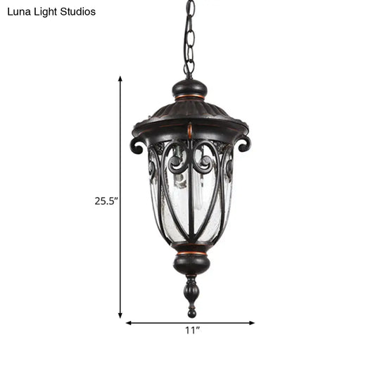 Traditional Black Finish Pendant Lamp With Clear Seeded Glass Shade