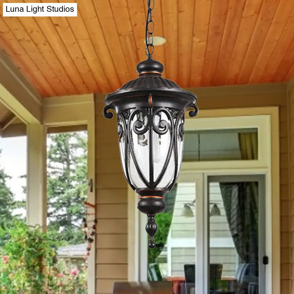 Traditional Black Finish Pendant Lamp With Clear Seeded Glass Shade