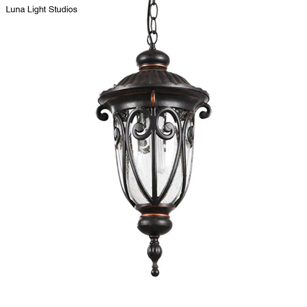 Traditional Black Finish Pendant Lamp With Clear Seeded Glass Shade