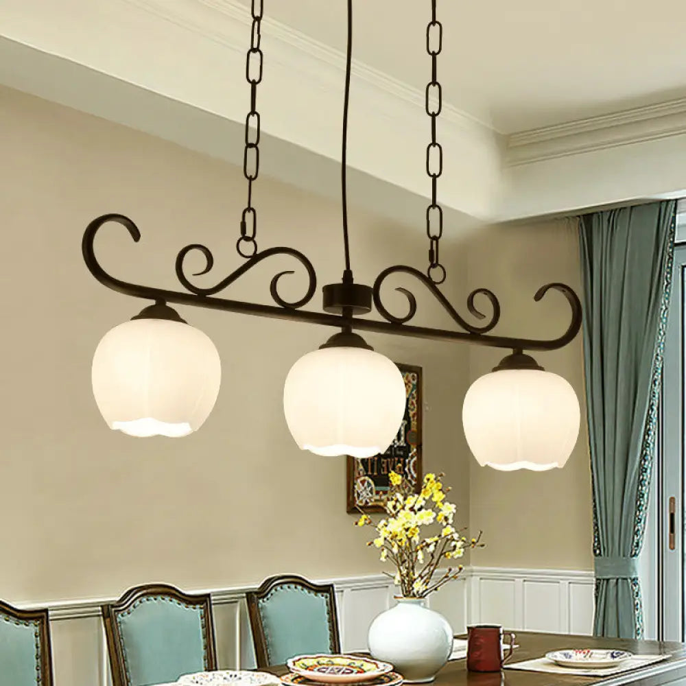 Traditional Black Flower Island Lighting Fixture With Milky Glass - 3 Bulbs Dining Room Pendant