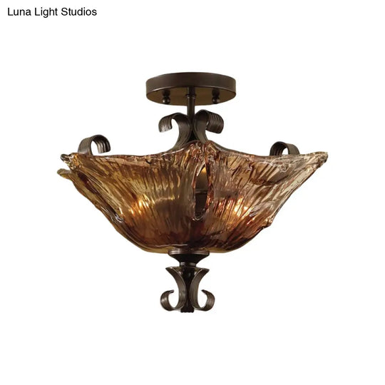 Traditional Black Flower Semi Flush Light With Amber Glass And 3 Lights - Perfect For Living Room