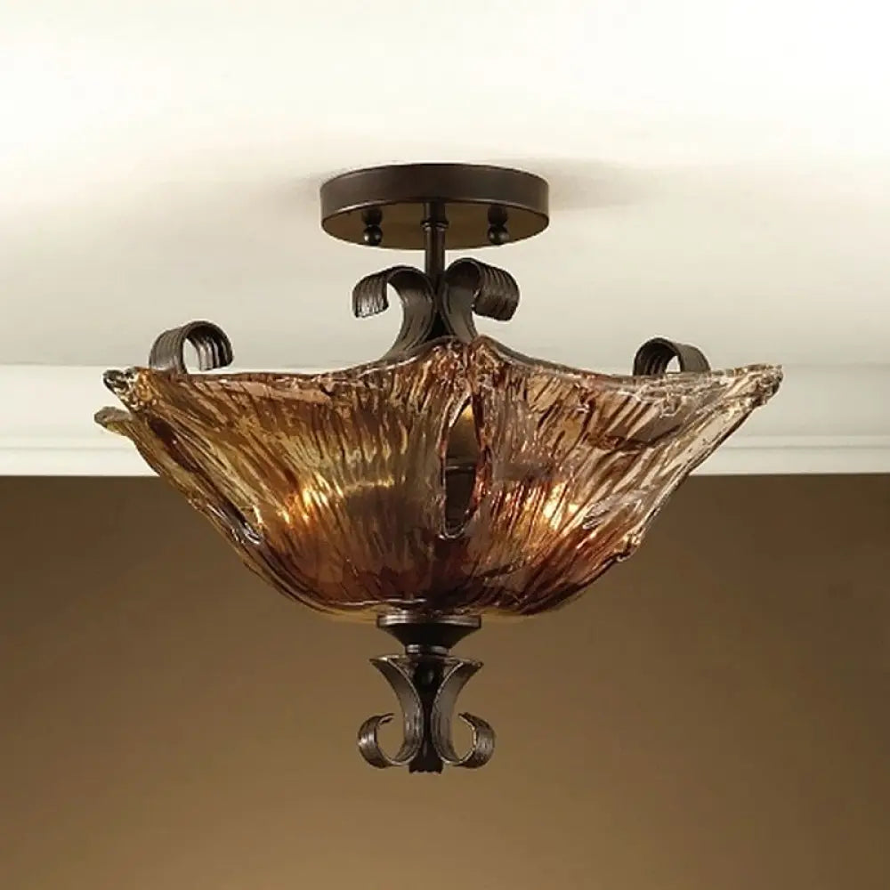 Traditional Black Flower Semi Flush Light With Amber Glass And 3 Lights - Perfect For Living Room