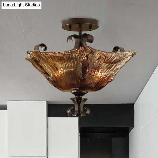 Traditional Black Flower Semi Flush Light With Amber Glass And 3 Lights - Perfect For Living Room