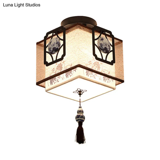 Traditional Black Flush Mount Ceiling Light With Square Fabric Shade