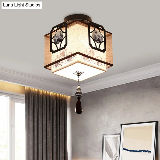 Traditional Black Flush Mount Ceiling Light With Square Fabric Shade