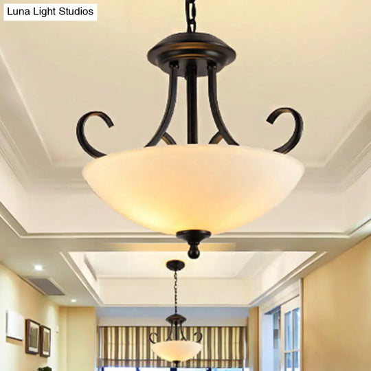 Traditional Black Frosted Glass Chandelier - 3-Bulb Bowl Ceiling Light Fixture