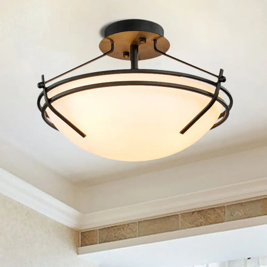 Traditional Black Glass Ceiling Light Fixture With 3 Opaque Heads For Bedroom Bowl Semi - Flush